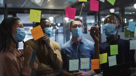 Woman-wearing-face-mask-writing-with-marker-pen-on-on-glass-board-at-modern-office