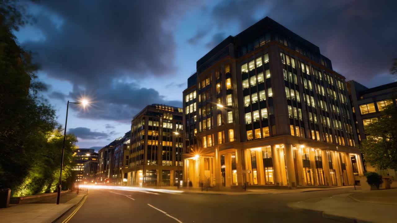 Paisagem urbana noturna impressionante, que exibe a arquitetura moderna iluminada pelas luzes da cidade sob um céu dramático, criando uma atmosfera cativante em um ambiente urbano