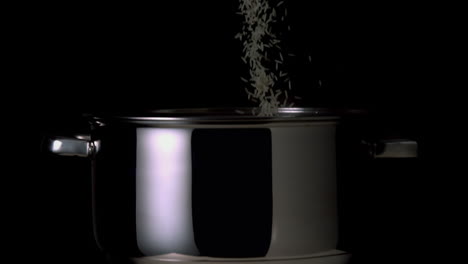 rice pouring into pot on black background