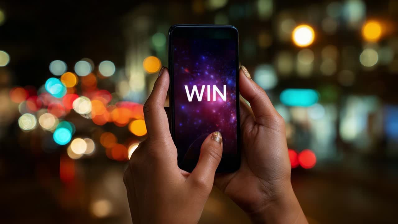 A Smartphone Displaying the Word 'WIN' in a Vibrant Cosmic Background, Captured Against a Colorful Bokeh Effect of City Lights, Representing Victory and Achievement in the Digital Age