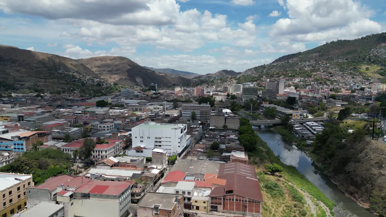 Aerial view of old urban area of ​​Tegucigalpa, neighborhoods in commercial zone