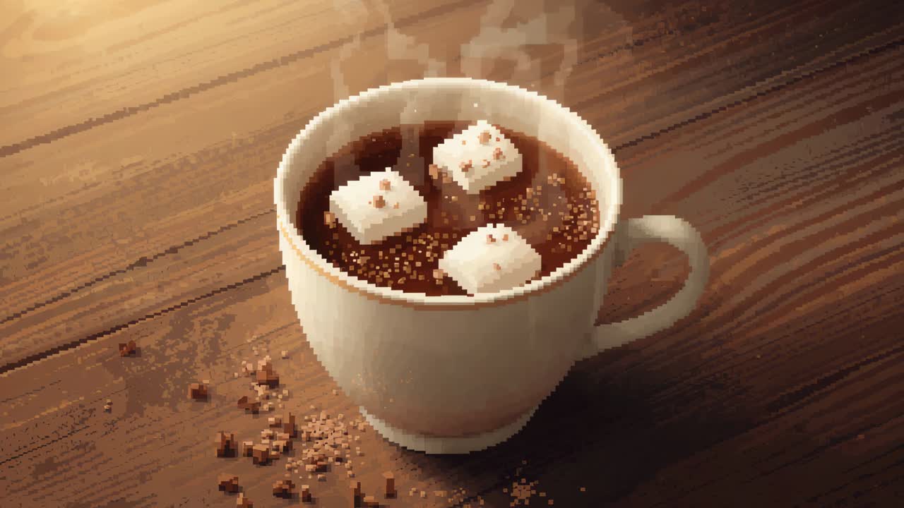 Sending curling steam as heat escaping, white ceramic mug on wooden tabletop, marshmallows floating