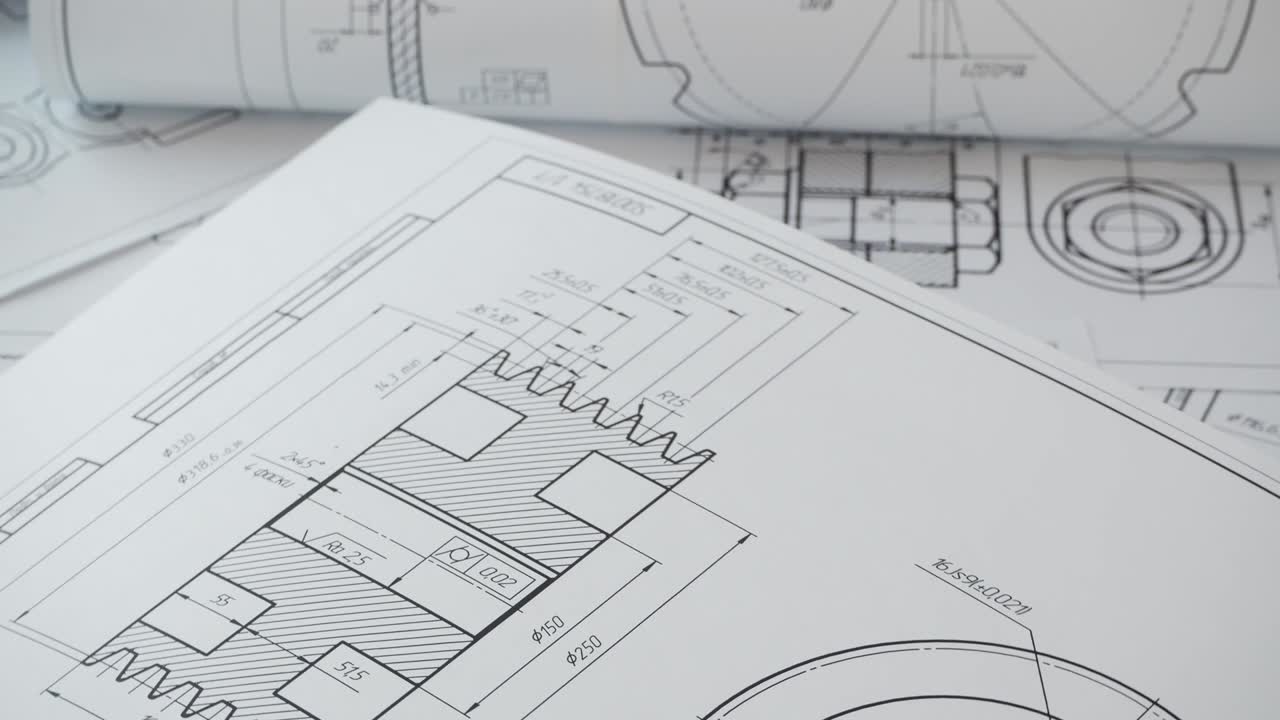 dibujos de ingeniería en papel de piezas y mecanismos industriales