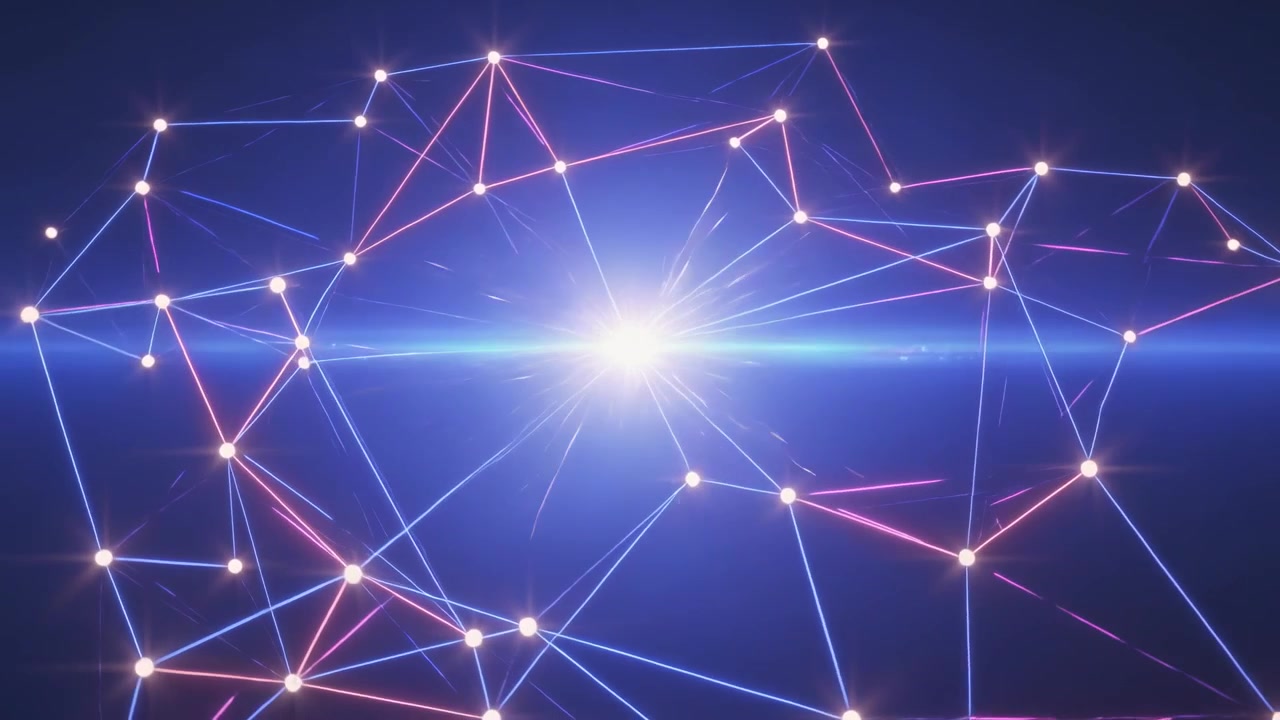Emitting radial sparks, core net pulsing from flare rising in violet space with nodes, lit lines