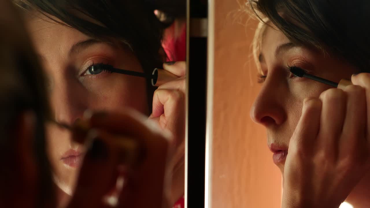 Warm natural light clip of beautiful young early to mid 20s or 30s blue eyed women lady girl putting mascara makeup on eyes in split mirror bathroom