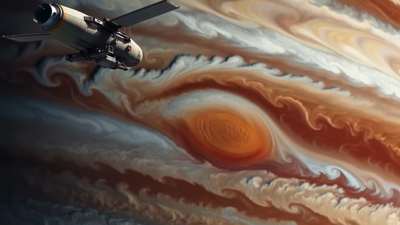 Spacecraft Over Jupiter Red Storm, Orbiter Probe Surveys Swirling Vortex And Turbulent Clouds Under Dramatic