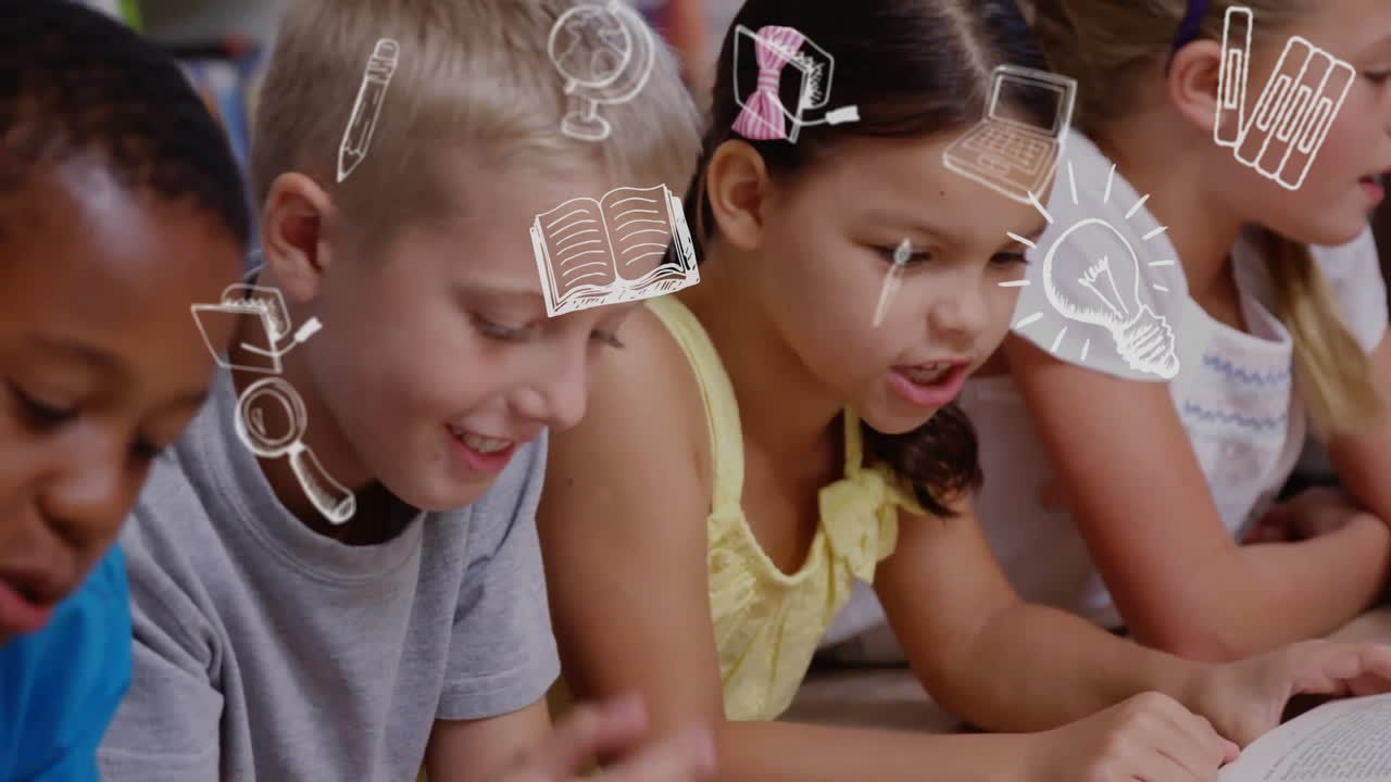 animación de iconos escolares de educación sobre diversos escolares en el aula