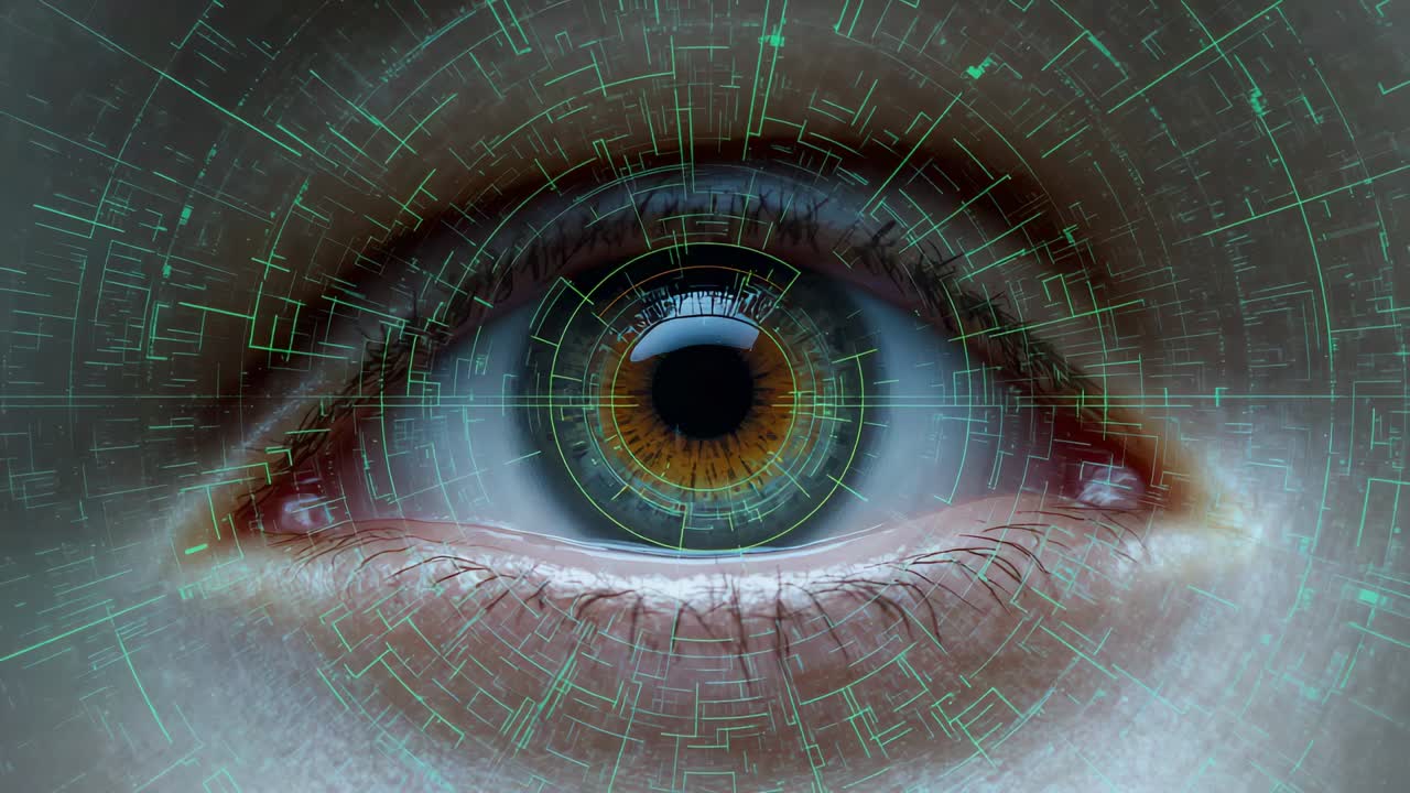 Activating single human eye displaying HUD overlay on iris for ID scan in close-up, with reticle