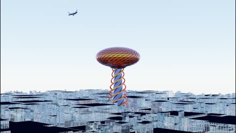 futuristic tower in a cityscape