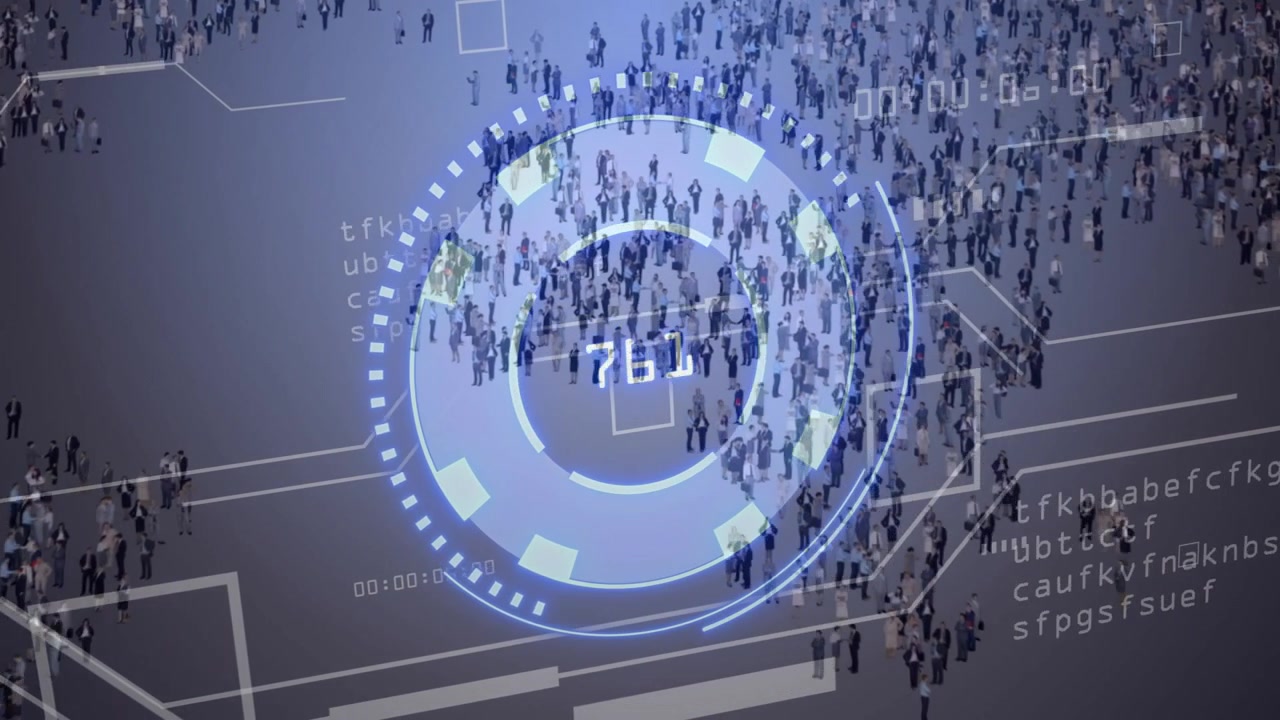 HUD locking on central business crowd, camera pulling back while updating counts for crowd analysis