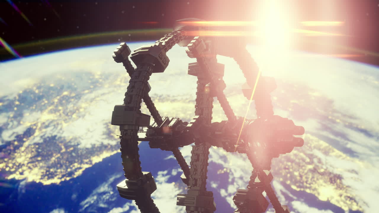 Estação espacial em órbita acima da Terra durante o pôr do sol com atmosfera brilhante