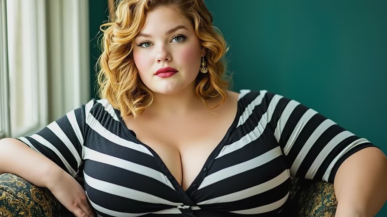 A woman in a black and white striped dress sitting on a couch