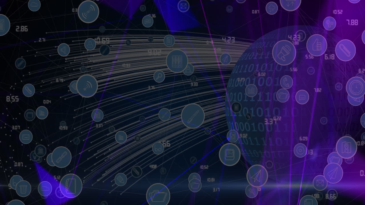 Animation of digital icons over globe with binary coding in background