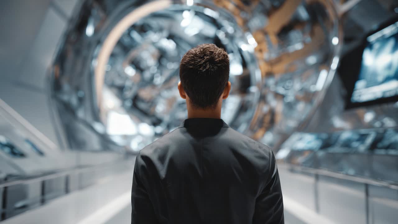 A man in a suit walks through a futuristic hallway