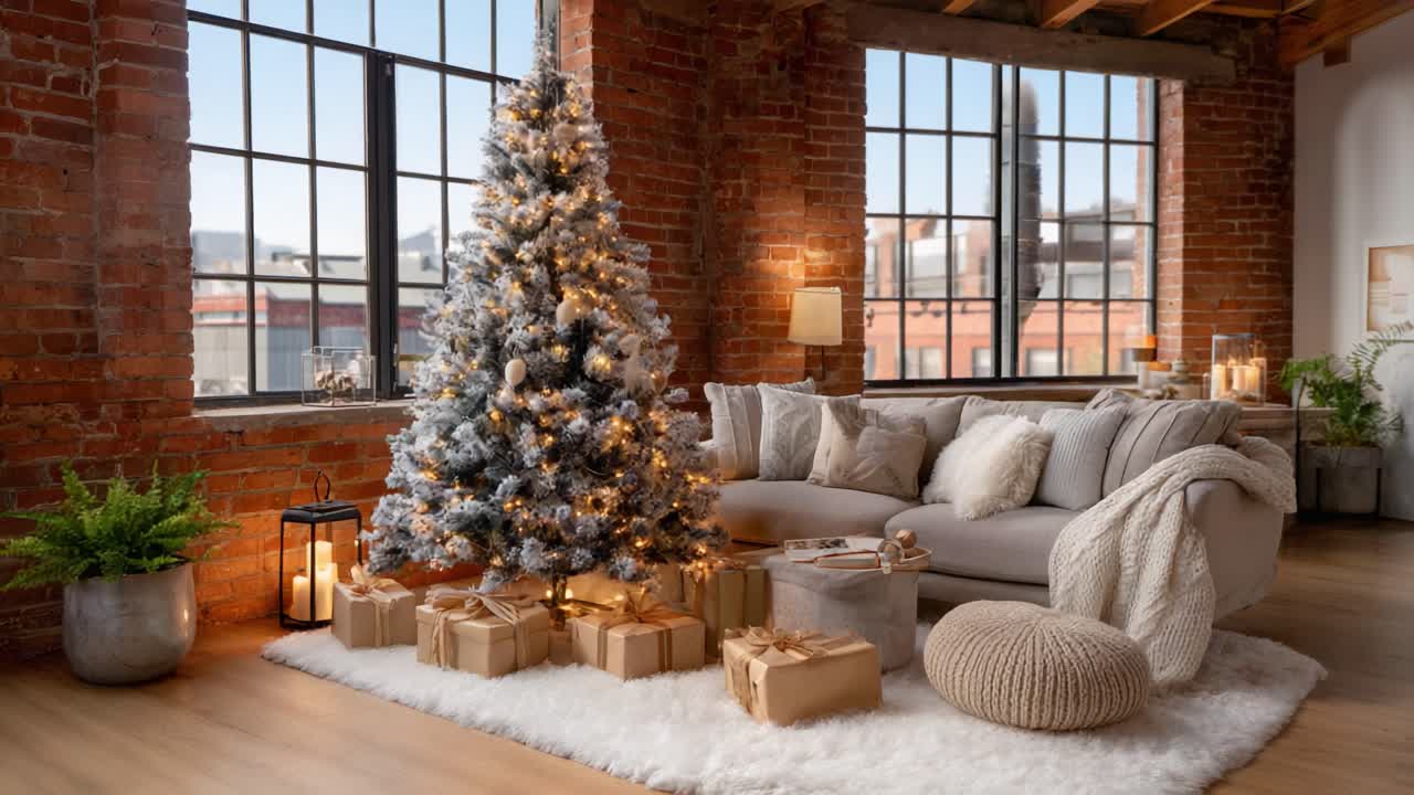 Charming Cozy Living Room Decorated for the Holidays with a Beautiful Christmas Tree, Warm Lights, and Festive Gifts Underneath in an Inviting Space