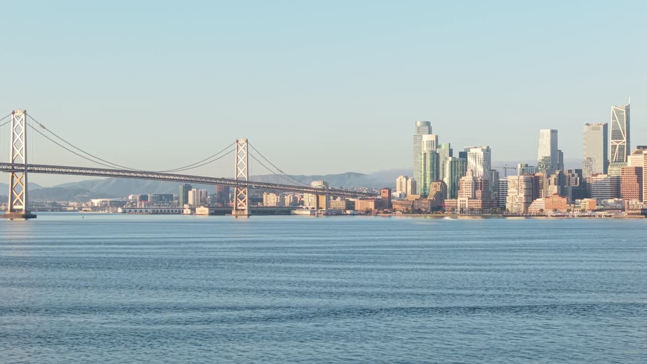 A left to right panning shot of downtown San Francisco taken from a drone.