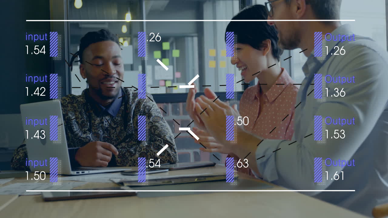 Animation of financial data processing over diverse business people in office