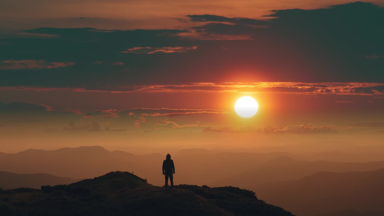 L'uomo in piedi sulla cima di una montagna contro l'alba luminosa. Time lapse.