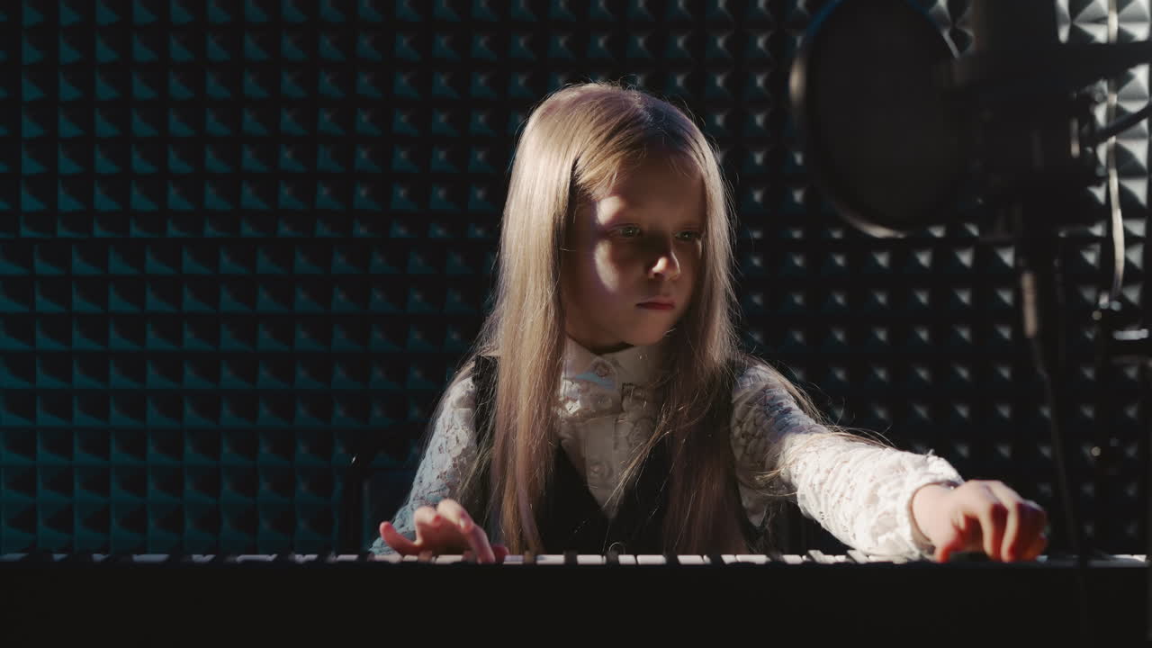 아이는 디지털 악기의 소리를 잘 조율합니다. 소녀는 능숙하게 전기 피아노를 설정하고 예술적인 터치로 스튜디오를 불어넣습니다. 학생은 음악적 실력을 보여줍니다.