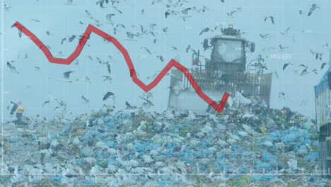 gráfico rojo moviéndose sobre la red de red contra la excavadora que trabaja en el vertedero con pájaros en el cielo