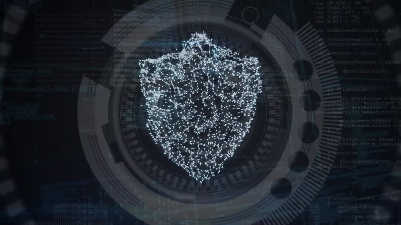 animación del escudo digital sobre fondo negro con círculos giratorios