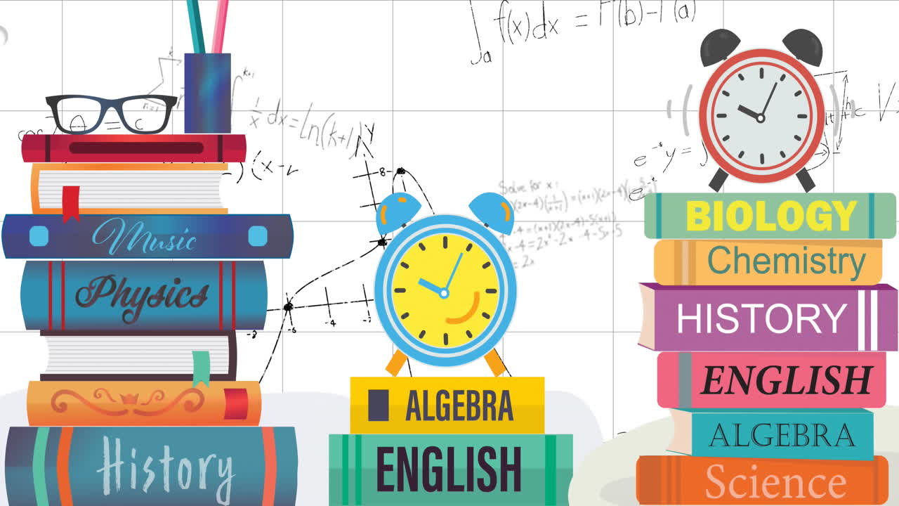 Animation of books icon and mathematical equations over squared paper