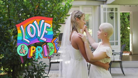 animation of rainbow love and pride text over diverse female married couple dancing