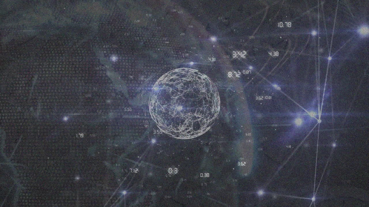 animación de haces de luz con líneas que conectan puntos con globo giratorio en interfaz digital