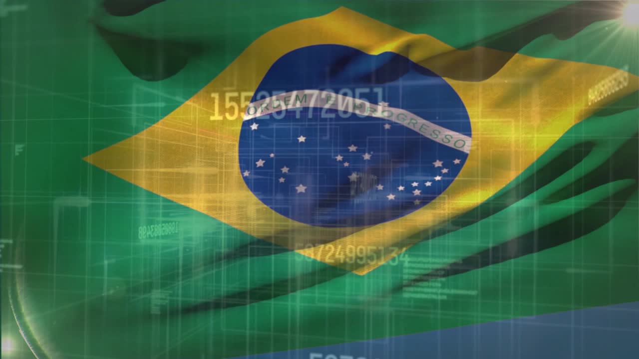 突風の後にはためき、たなびくブラジルの国旗、データ表示のために数字のオーバーレイがスクロールしています。
