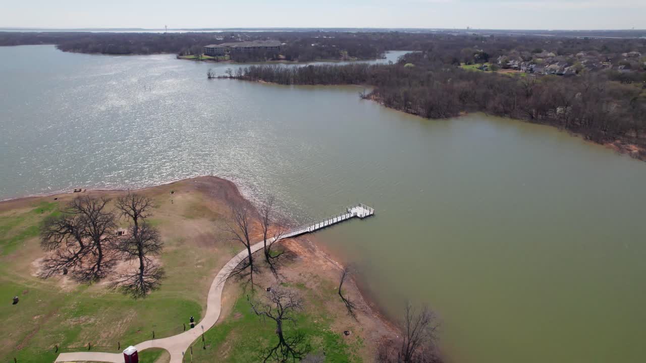 Aerial footage of Willow Grove pier in Willow Grove Park in Lake Dallas Texas
