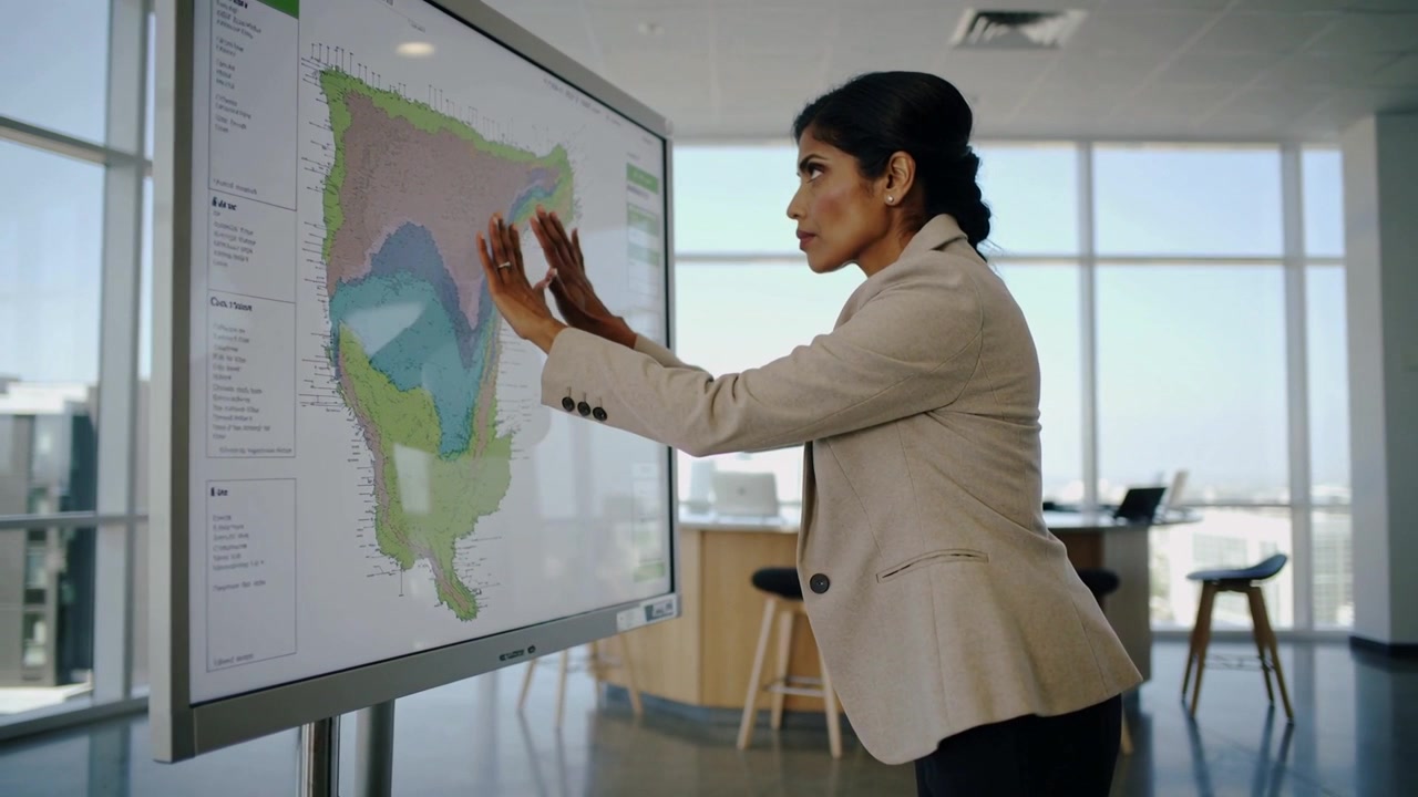 Approaching touch display, woman in blazer and dark trousers panning and studying map in office