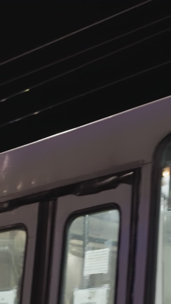 vista de cerca de un tranvía eléctrico por la noche, centrándose en las ventanas reflectantes y el equipo aéreo