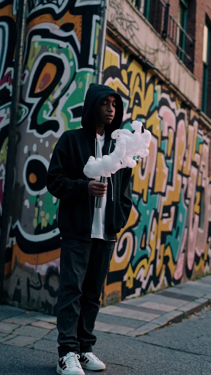 Concept di video di street style urbano con un giovane che tiene dello zucchero filato