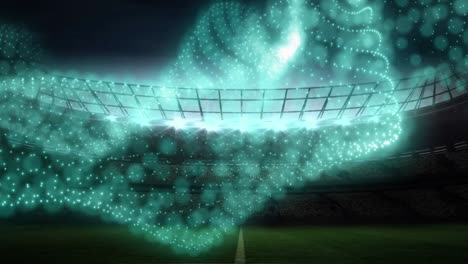 animation of network of glowing particles moving over floodlit sports stadium