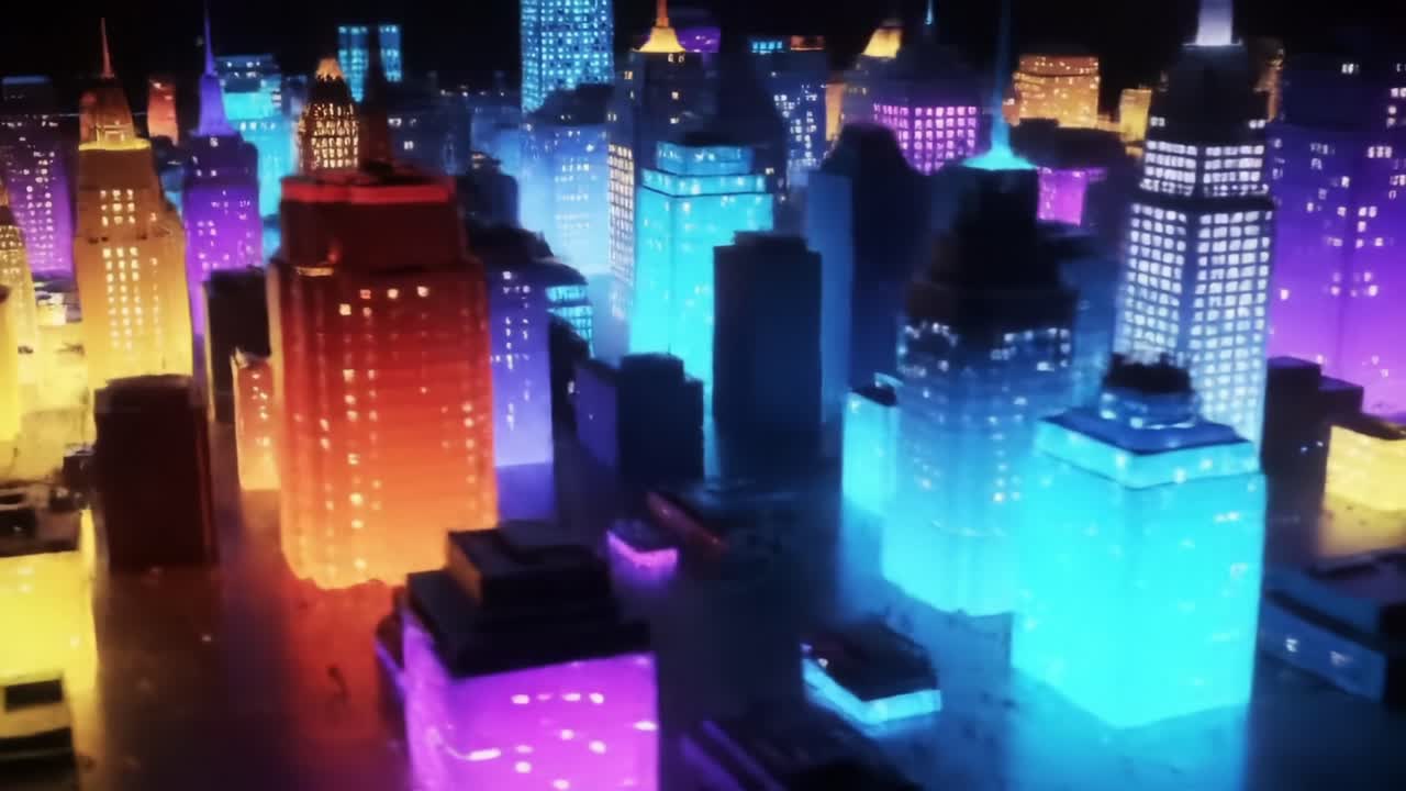 Vibrant Cityscape at Night: A Stunning Visual of Colorful Illuminated Skyscrapers and Buildings in an Urban Landscape Captured from Above