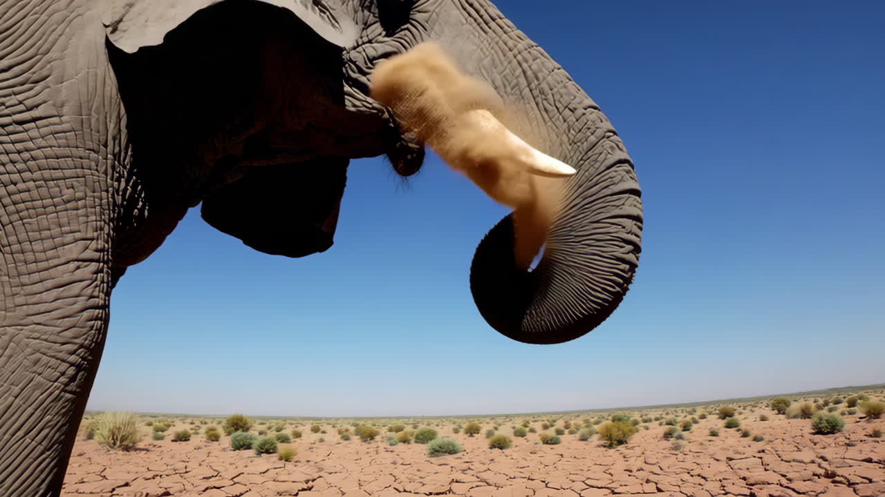 Elephant Sprays Dust in a Dry Desert Landscape