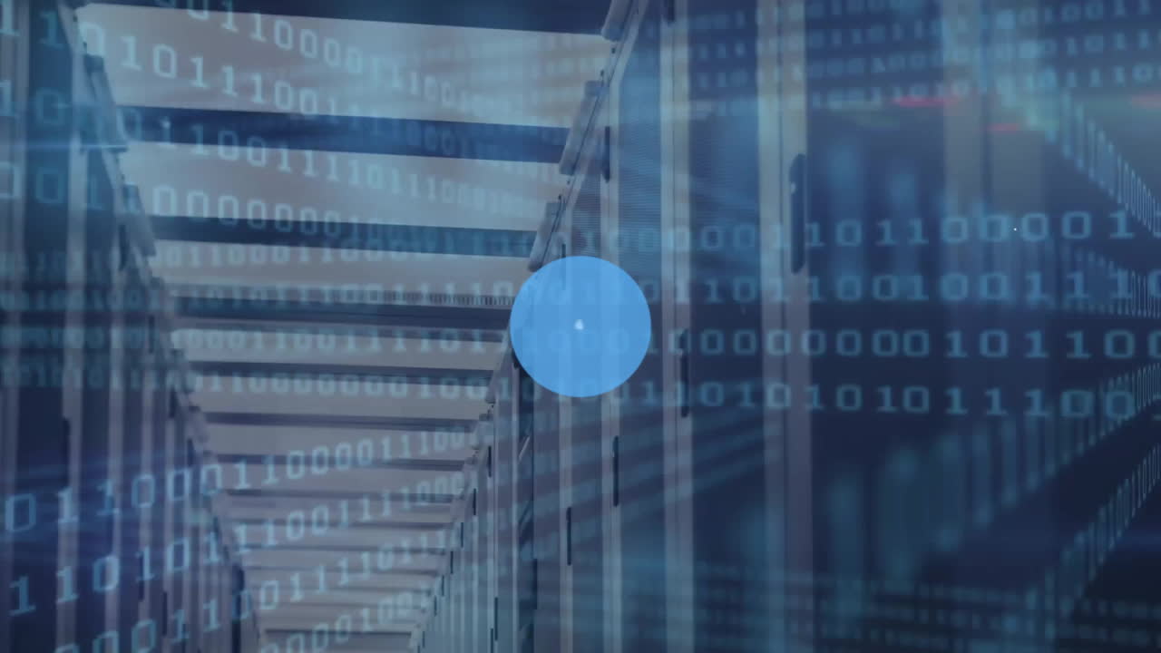 animación de la red de conexiones con iconos y codificación binaria a través de servidores informáticos