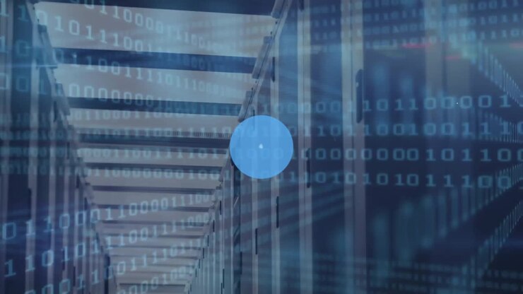 Animation of network of connections with icons and binary coding over computer servers