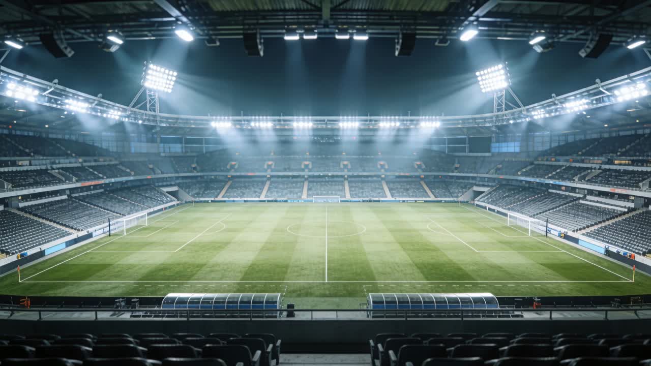 Fari sopraelevati che illuminano gradualmente il campo di uno stadio vuoto, rivelando l'erba a strisce, le porte e le panchine.