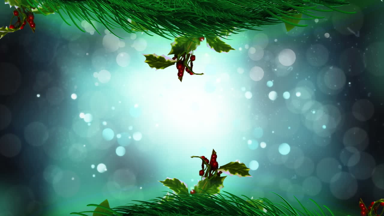 Animazione di neve che cade e luce blu brillante con un bordo a forma di albero di Natale