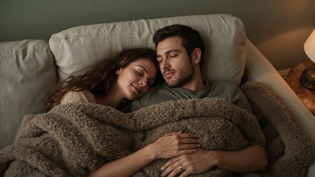 Woman resting head on man's chest, couple cuddling on sofa with brown throw, in casual clothes