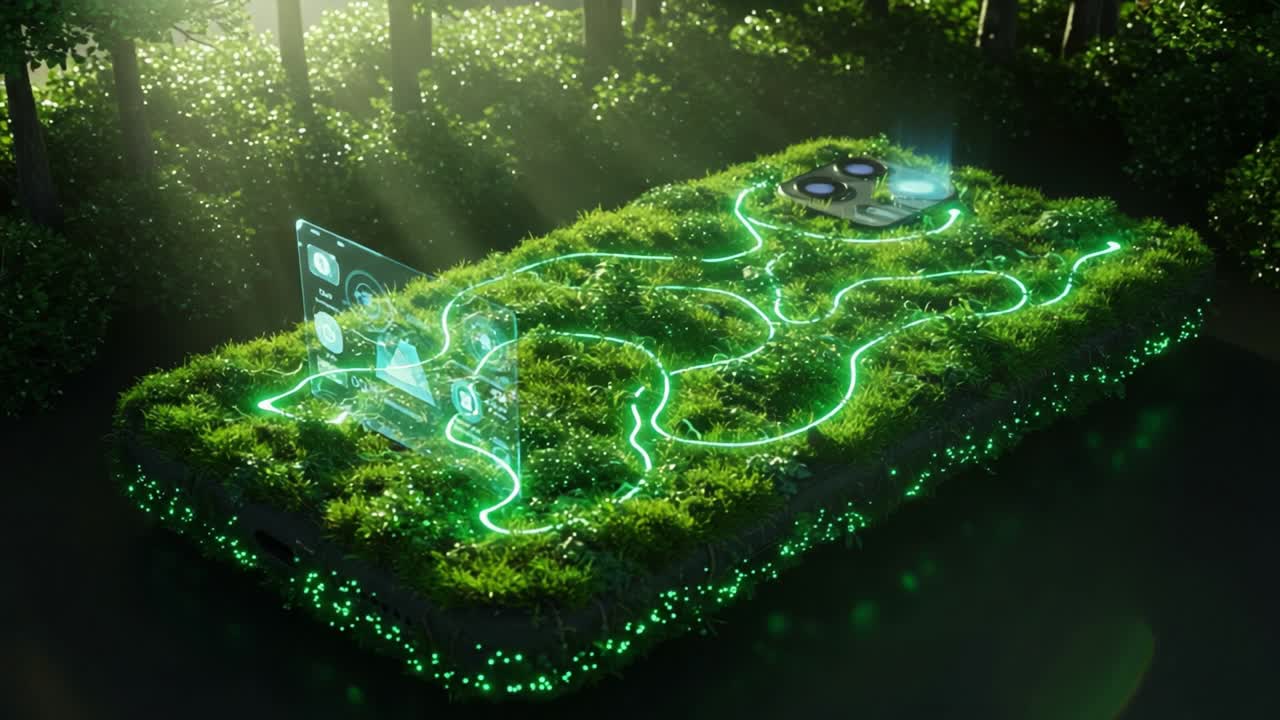 Futuristic Green Technology: A Conceptual Mobile Device Embedded in Lush Nature with Illuminated Pathways and Interactive Displays Showcasing Innovation and Sustainability