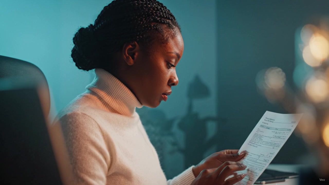 A focused woman examines important documents in a tranquil office setting, highlighting her concentration and the significance of paperwork in professional life.