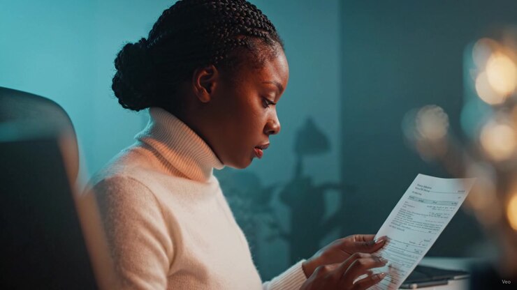 A focused woman examines important documents in a tranquil office setting, highlighting her concentration and the significance of paperwork in professional life.