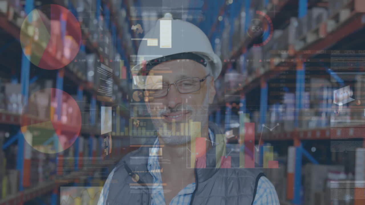 animación de estadísticas y procesamiento de datos financieros sobre el hombre que trabaja en el almacén