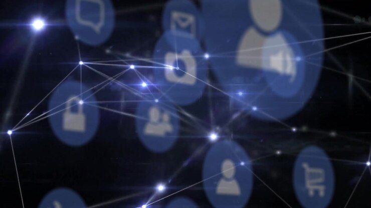 Faint nodes glowing and linking, blue tokens appearing and pulsing across network, showing links