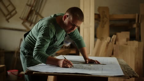 hombre enfocado haciendo dibujos para productos de madera en interiores