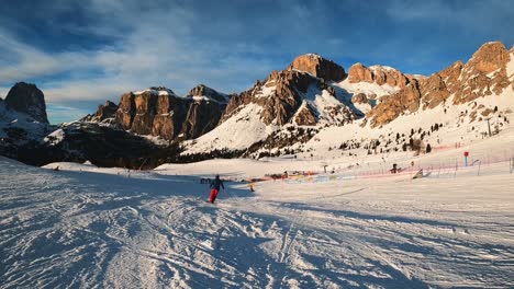 fpv pov of alpine skiing in dolomites, italy