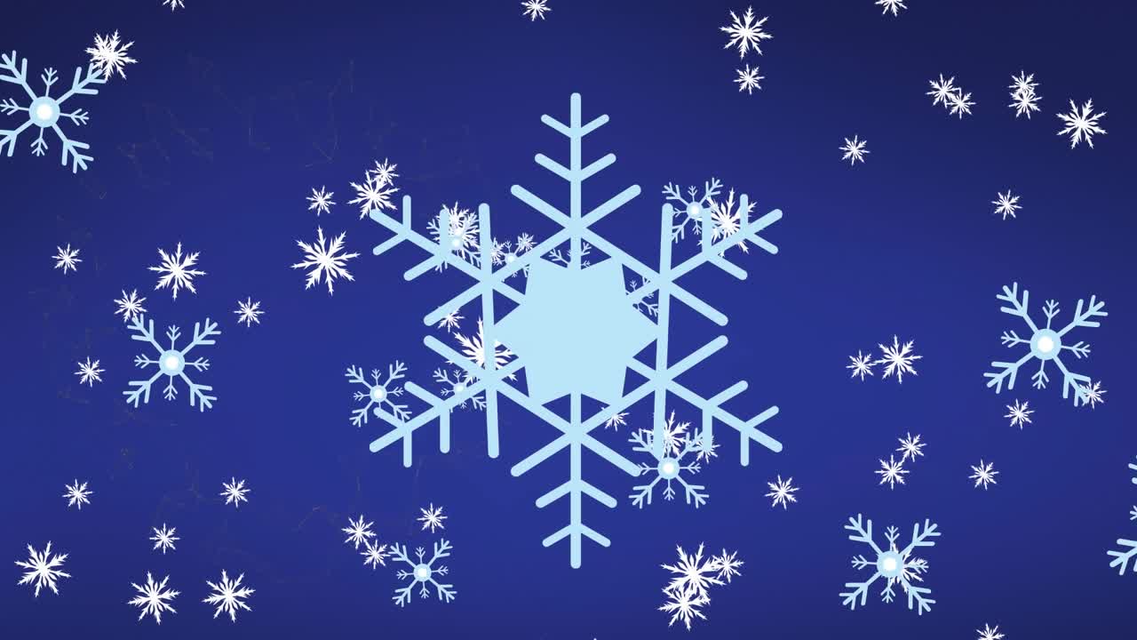 Animation af et snefnugikon over flere snefnug mod en blå baggrund med plads til tekst.