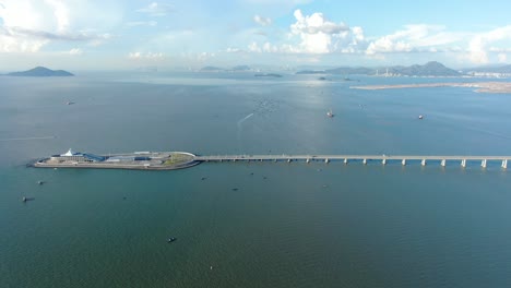 Hong-Kong-Zhuhai-Macau-Bridge-on-a-beautiful-day,-wide-angle-aerial-view